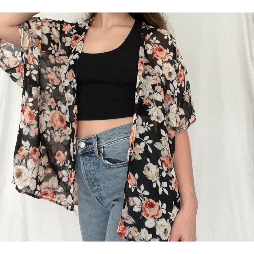 Sheer Black Floral Open Front Kimono - Picture 2 of 8